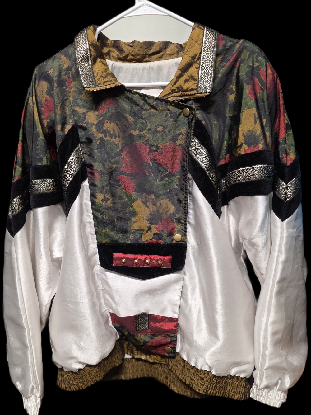 Indications Vintage Floral Panel Satin Bomber Jacket in White, Gold, Green & Red